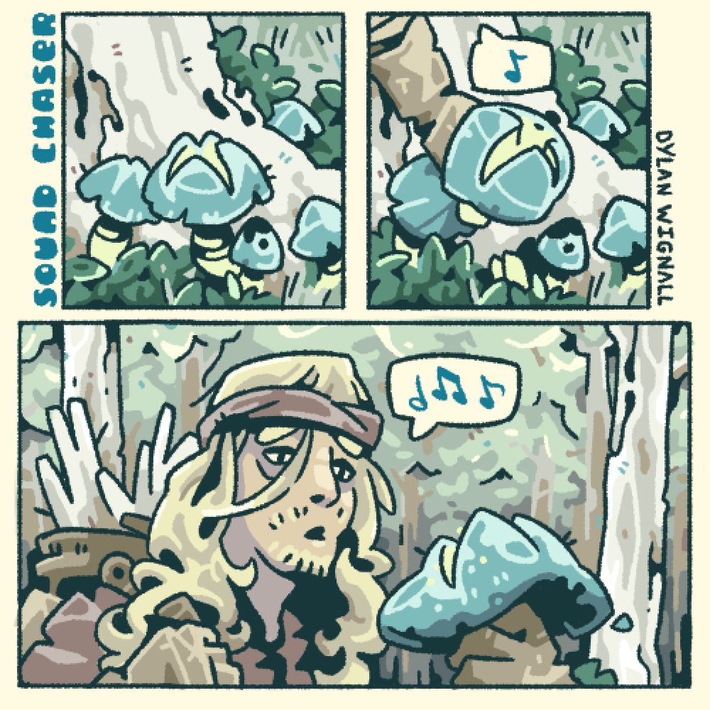 Panel 1: a mushroom sits at the base of a tree. Panel 2: a hand reaches down to pick the mushroom Panel 3: a man with long blonde hair and a bandanna looks at the mushroom. He is whistling.