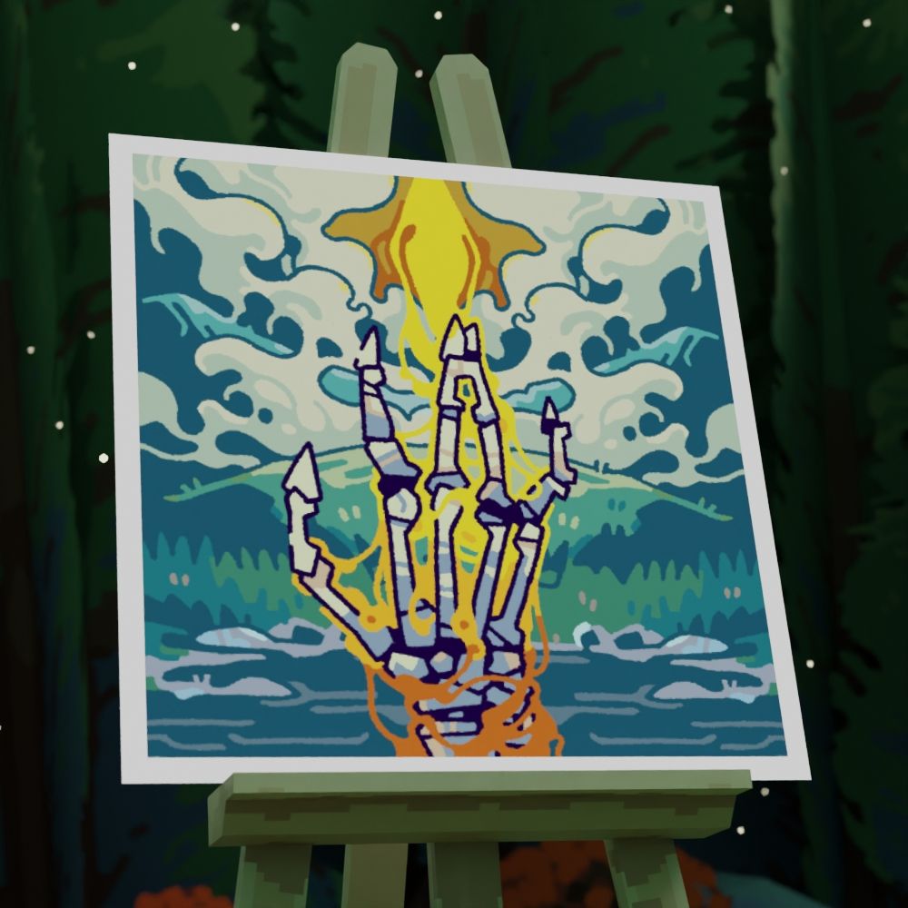 A digital render of a painting, sitting on an easel in the woods. The painting is of a skeletal hand reaching towards the sky, touching a yellow diamond. A flurry of clouds rest on the hills in the background.