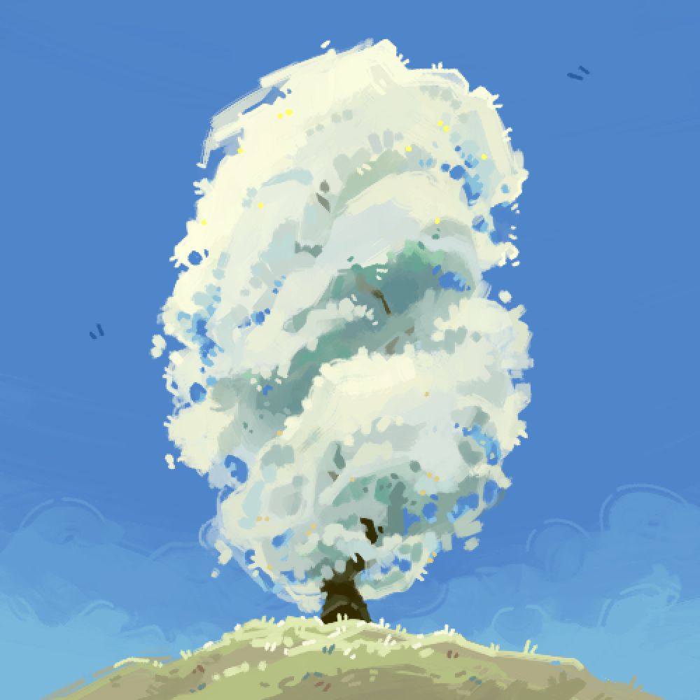 A large tree stands on a hill. It's leaves are all white, like a cloud. The sky is clear save a few circling birds.