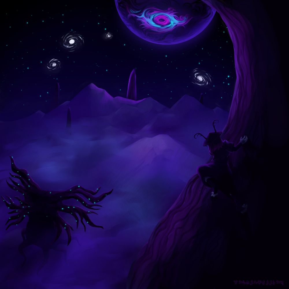 A digital painting of the surface of Obeski from far above, the perspective hovering behind a larval obesk climbing on an adult veilk. A baby veilk can be seen far below, walking next to the adult, though half of its body is obscured beneath the layer of shimmering fog covering the landscape. Velzie is visible in the starry sky, along with several contrivances. There are a few natural spires in the distance, with the central one being the largest and best lit. The central spire, the contrivances, and the eye of Velzie together form the 5 dots around a central point pattern.
