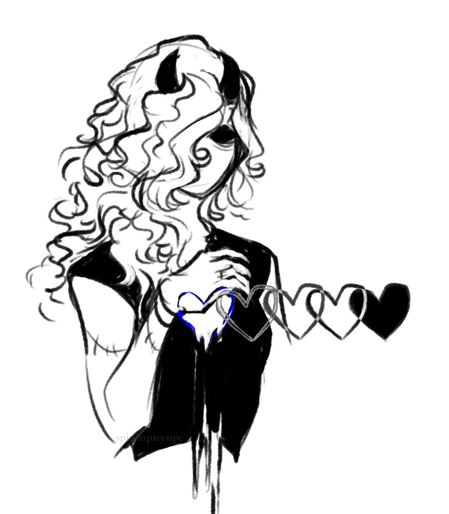 A digital sketch of an undead satyr with hollow eyes and a blank expression. A cartoon heart shape has been cut from her chest, with outlines of the cut stretching out from it in an overlapping straight line, ending in a solid copy of the shape. The satyr holds one hand over the hole, attempting to obscure it, but the outline is visible through her hand. The only color in the piece is a hint of harsh, unnatural blue around the edge of the cut.