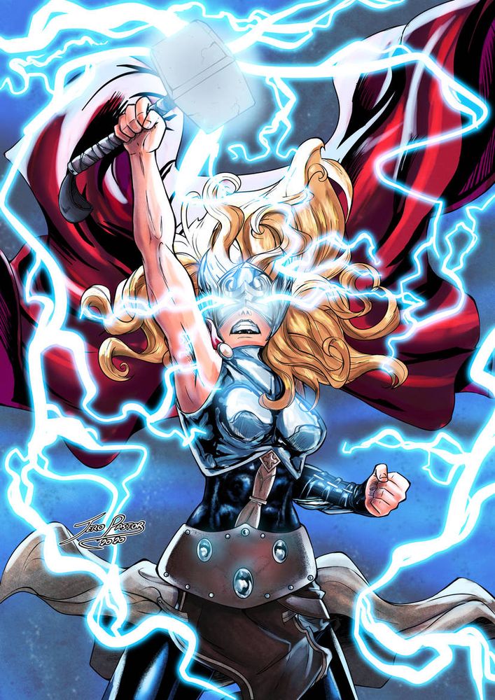 Ilustración que muestra a Thor de Jane Foster alzando su martillo rodeada de relámpagos.