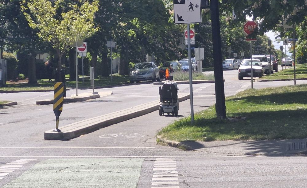Person on a mobility scooter with an orange flag on a one way protected bike and roll lane. Lots of big street trees in background.