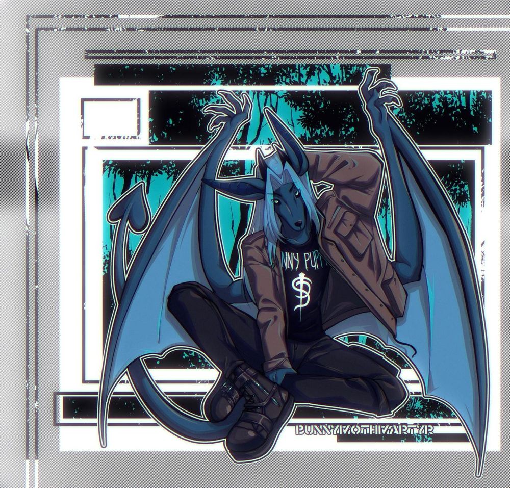 New York Gargoyle Bat dressed up in an M65 jacket, cargo pants and Demonia boots with a Skinny Puppy tee. He is looking at the viewer with a hand behind his head, alluring. 