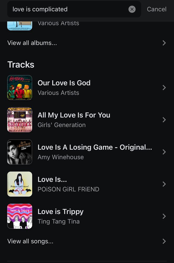 musicboard search function not working. inputting “love is complicated” and showing everything thats not in that range