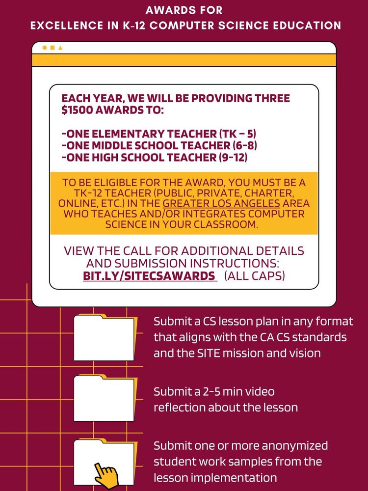 Flyer with details for 1st Annual Call for Submissions for Snap Inc. Institute for Technology & Education Awards for Excellence in K-12 Computer Science Education. More details at https://bit.ly/SITECSAWARDS