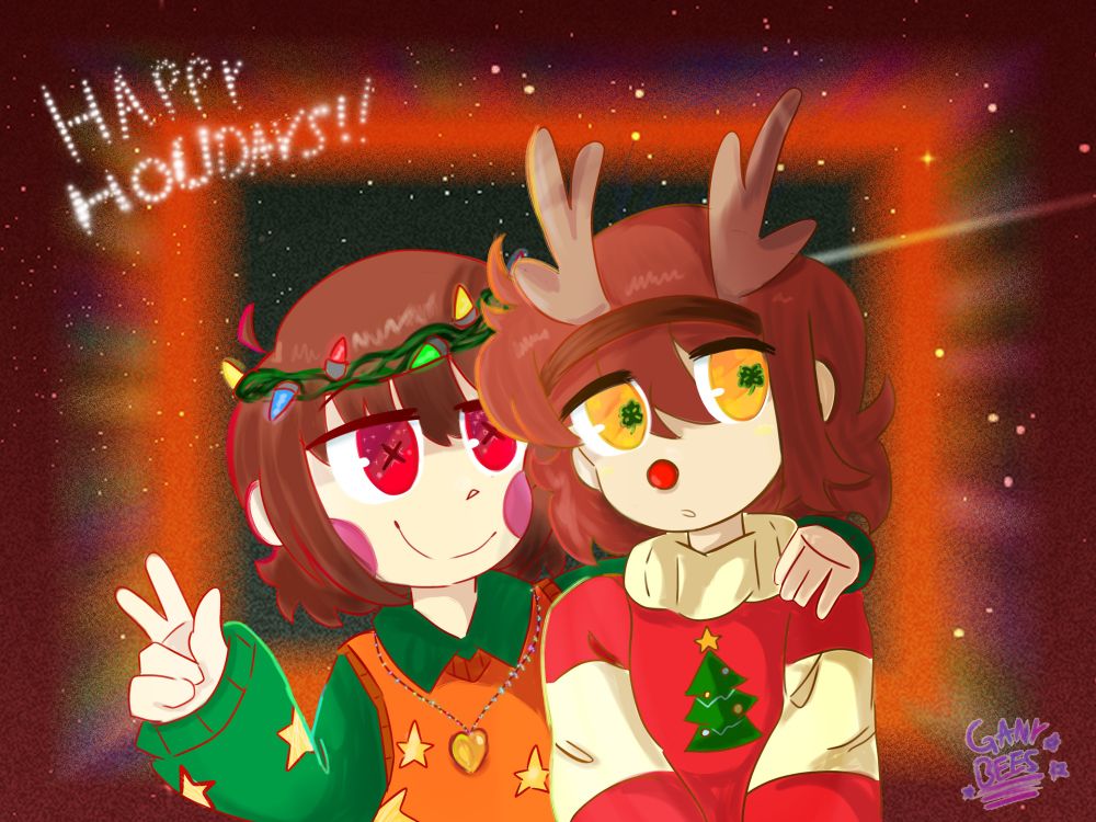 Clover and Chara, in holiday themed outfits! Posing for the painting, how jolly!