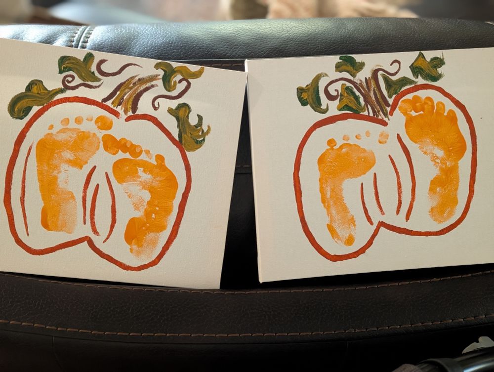 Two canvases with baby feetsie pumpkins. 
