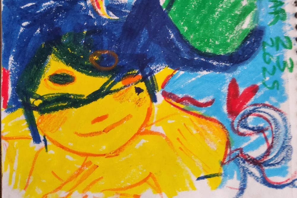 A landscape portrait of Callie drawn with paint sticks. She faces the camera as she winks looking to right. Her hands support her head.

Dark blue is used for her hair and eyes, yellow is used for her skin, and orange is used for her pupils and line art. The background is a sky blue. A red heart is drawn off to the right.