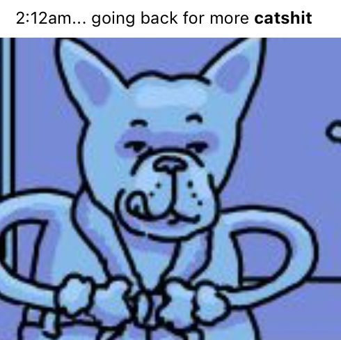 it's a ripoff of the yoda meme, 2:12am going back for more olive. But in this case the dog is going back for more catshit. A tale as old as time