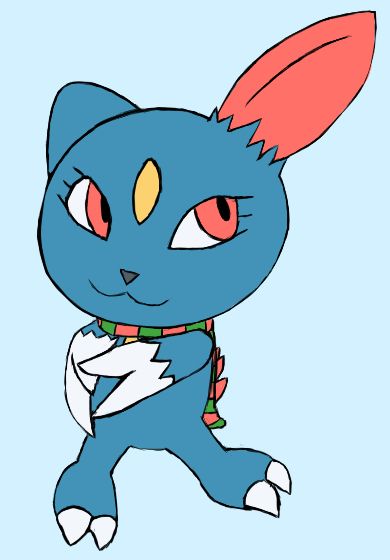 A Sneasel wearing a red and green striped scarf just sitting there. Looks like that one Sneasel plush image.