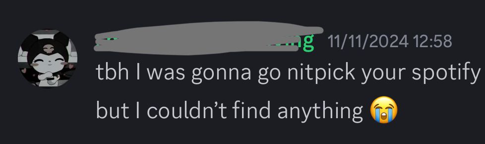 discord message from the soundmap discord saying "i was gonna go nitpick your spotify but i couldn't find anything (to critique)"