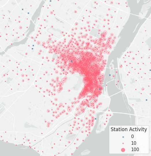 Map of stations with circle radii corresponding to number of trips yesterday