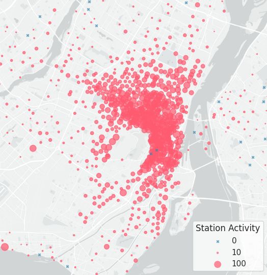 Map of stations with circle radii corresponding to number of trips yesterday