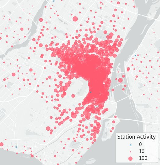 Map of stations with circle radii corresponding to number of trips yesterday