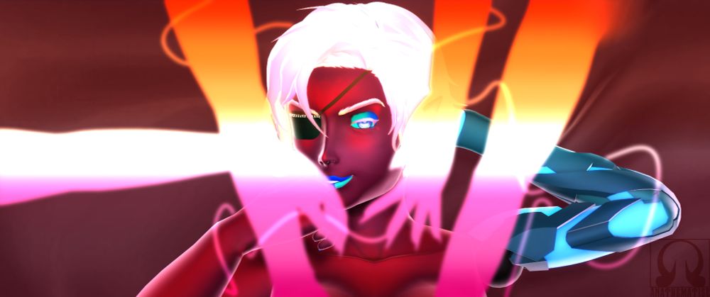 3D Render of my Space Pirate OC, Aeron Bailar. She's laying naked on a bed with dark red sheets. Her head is tiled to the left as her left hand gently holding a womanly hand towards her face as she lovingly kisses it while happily grinning, her blue flaming right eye as she looks toward the camera, an eyepatch covering the other one. 

Her right mechanically prosthetic arm is behind her head as many disembodied womanly arms lovingly touching her all over her body, with wispy ribbons. The arms and wispy ribbons being in the color of the Lesbian flag, gradients from orange to purply pink