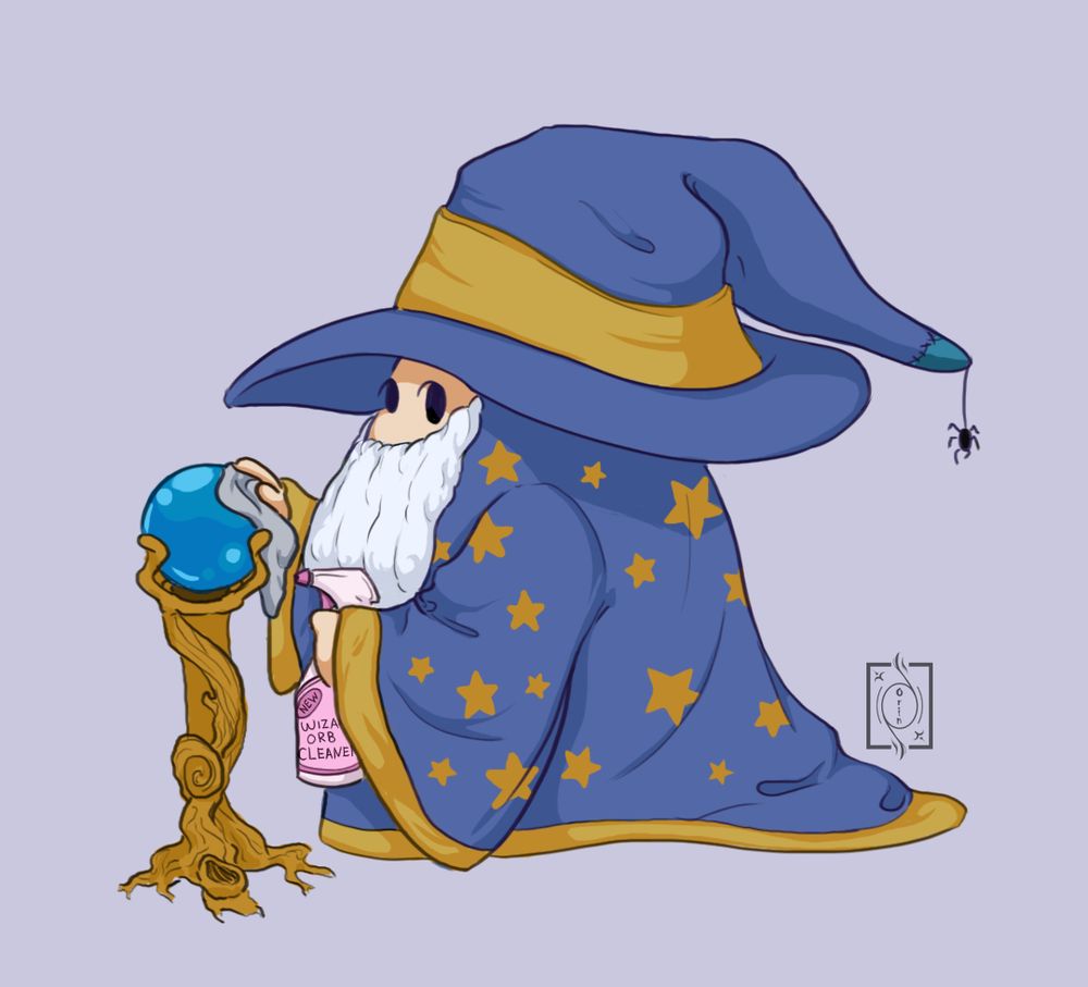 Small bearded wizard wearing a blue robe and hat polishing a bright blue orb and holding a spray bottle with the text "Wizard Orb Cleaner"