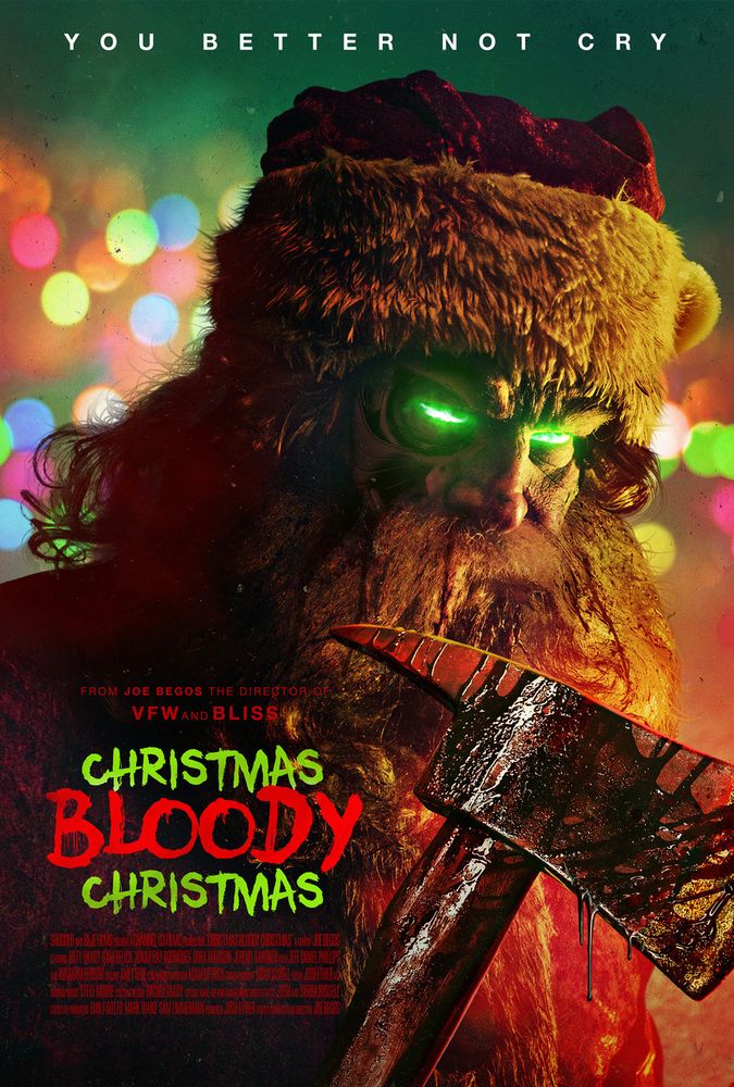 poster for christmas bloody christmas (2022). a green-eyed santa wields a bloody axe.