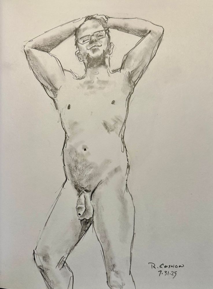 Pencil sketch of nude male standing 