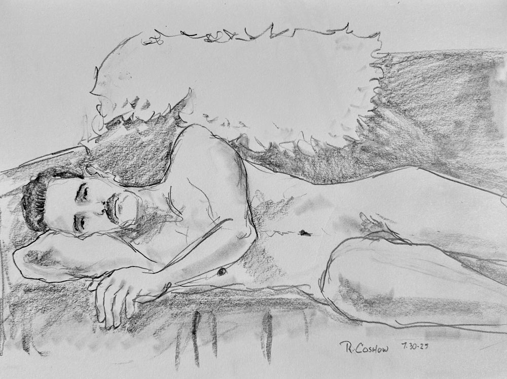 Pencil portrait of a nude man reclining 