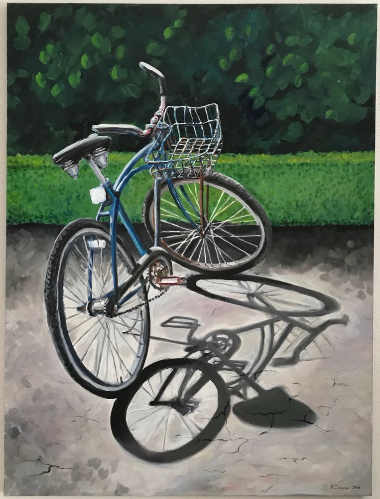 Oil on canvas. An old blue bicycle with a bent basket casts a shadow on the concrete. Behind, a low boxwood hedge and a tall screen of deep green foliage. 