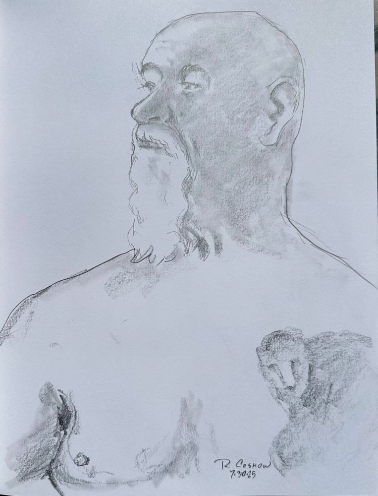 Pencil portrait of a shirtless man with a long white goatee and chest tattoo 