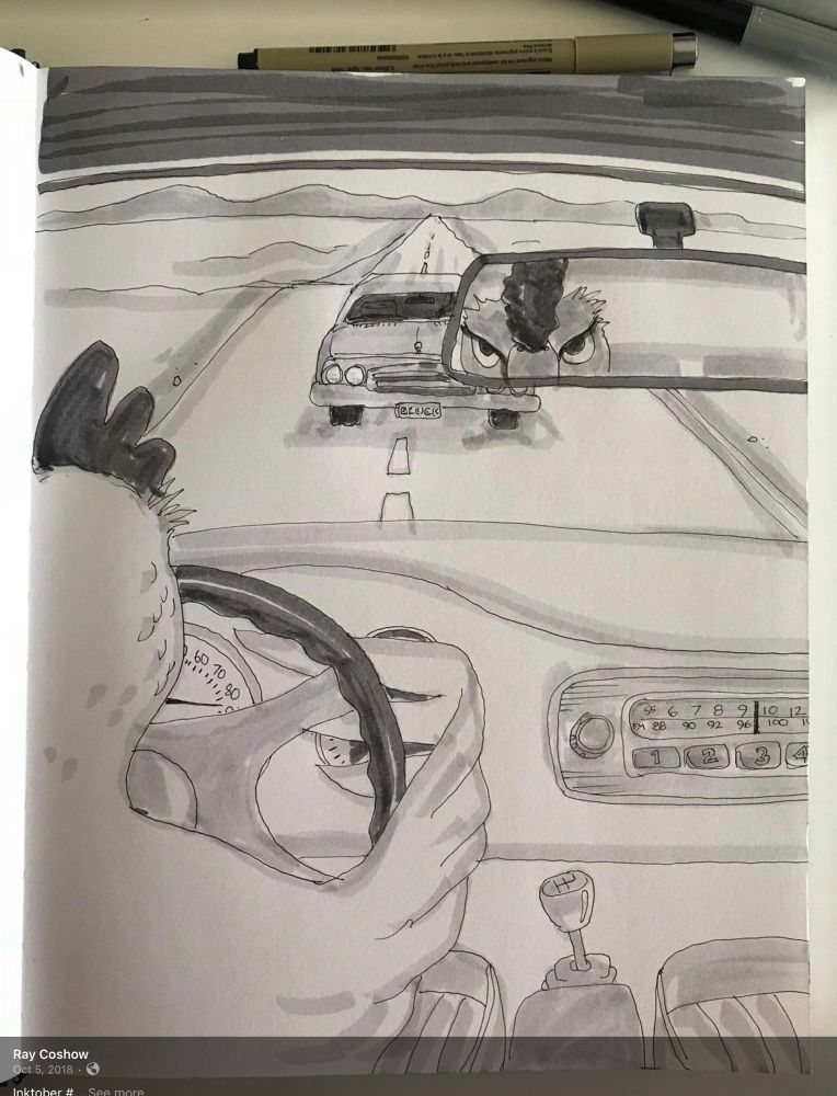 A monochrome cartoon drawing of a chicken at the wheel of a classic American car (four-on-the-floor, AM/FM radio with push-button presets, vinyl seats, clock-dial speedometer with the needle pointing to 85 mph). He’s on a desolate highway bearing down on another car coming at him directly in front (they’re playing chicken… get it?)