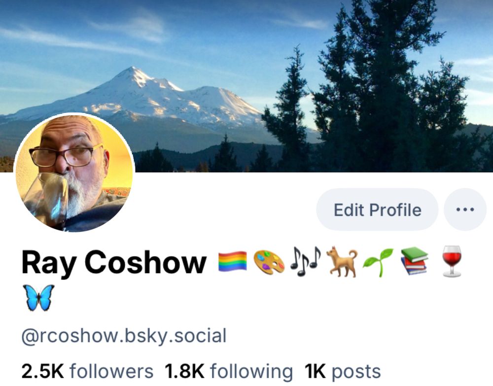 Screenshot of my Bluesky profile. My name is followed by seven emojis: Gay flag, artist’s palette, music notes, dog, plant, books, wine, and blue butterfly. 