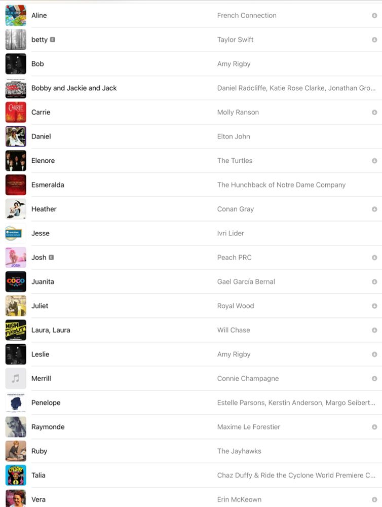Screenshot of a playlist full of first name songs, Aline, Betty, Bob, Carrie, Daniel, Eleanor, et al. alphabetically listed down to Ruby, Talia, and Vera.