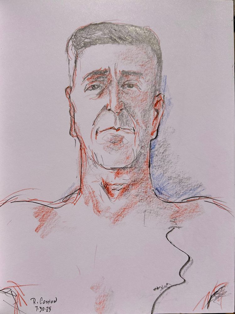 Brown and grey pencil portrait of a shirtless man 