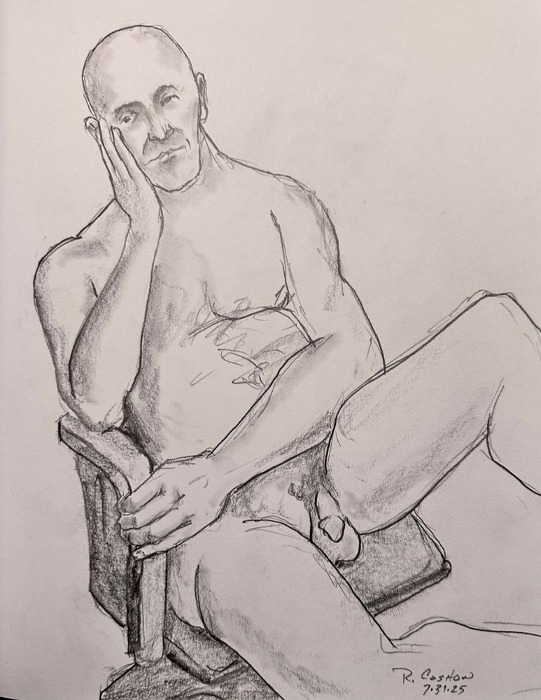 Pencil sketch of nude male seated