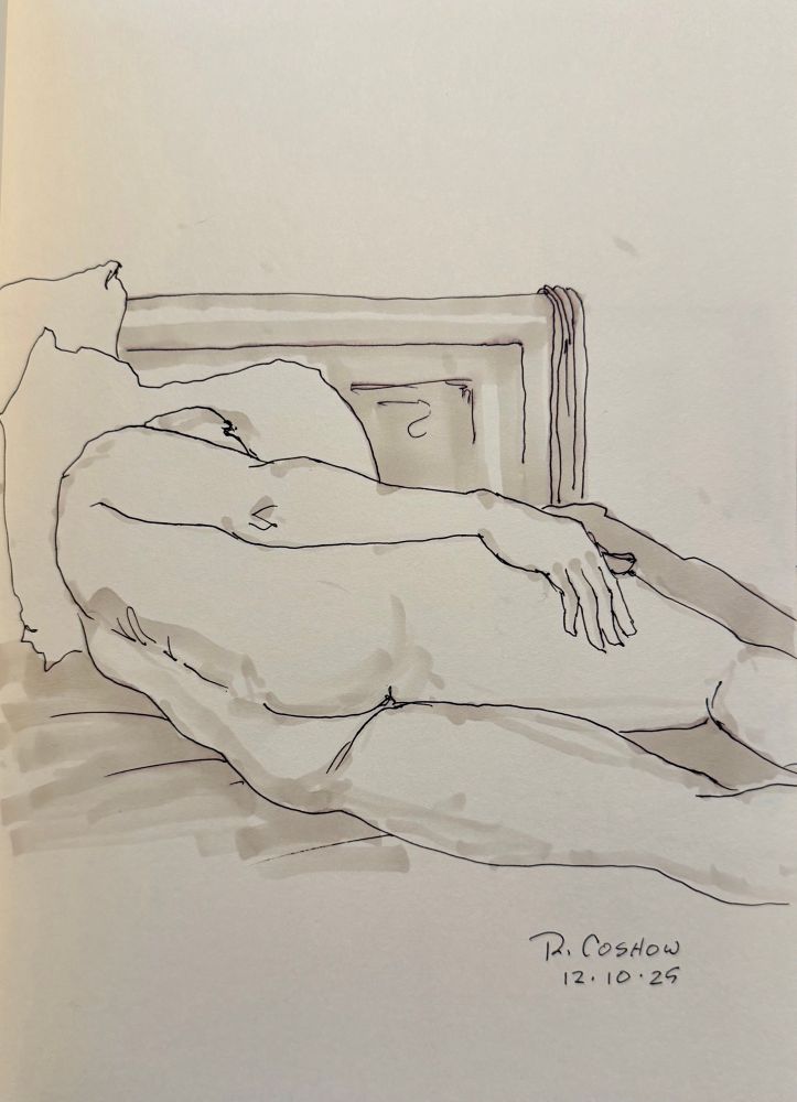 Fine line and grey marker drawing of a nude male model lying facing away on his side on the bed. 