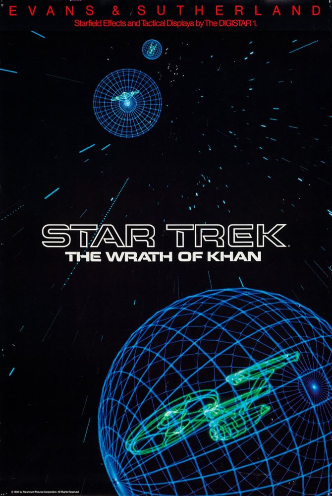 Promotional poster by Evans & Sutherland displaying a CGI starfield and the vector graphic images of the starship USS Enterprise within a sphere. Text reads "Evans & Sutherland. Starfield Effects and Tactical Displays by the DIGISTAR 1. Star Trek, The Wrath of Khan."