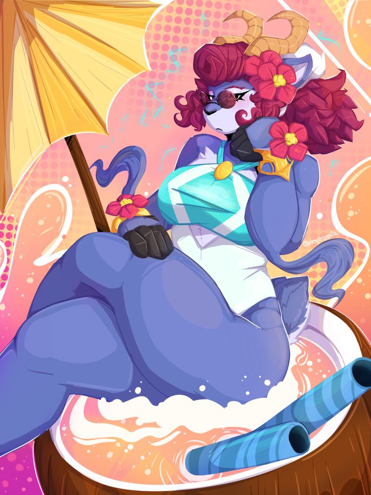 Digital furry artwork of an anthropomorphic goat woman named Absa from rivals of aether 2, she is wearing the pool party event skin except without the towel, and she is sitting on the coconut cloud 