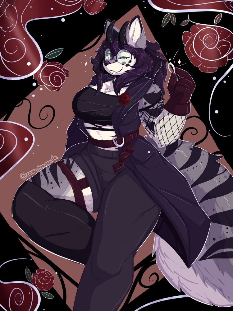 Digital artwork of a anthropomorphic striped hyena wearing goth clothing, specifically cosplaying as goth Clairen, she is holding out a ring and winking towards the perspective 