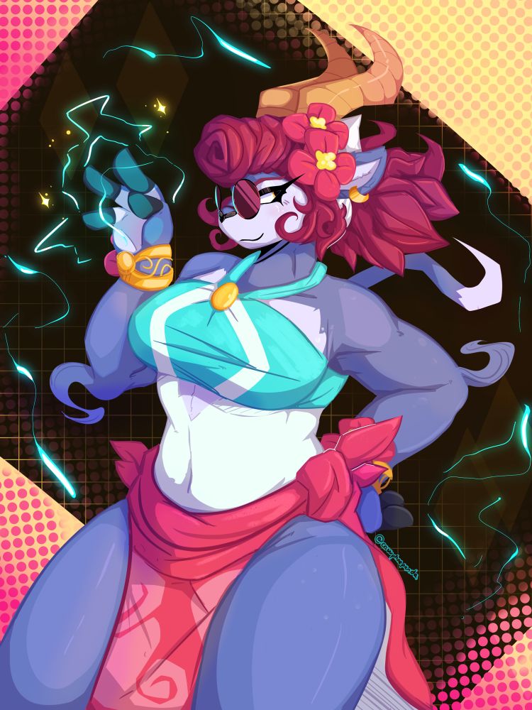 Digital furry artwork of Absa from rivals of aether 2 in her summer outfit, she has one hand by her head waving with some lightning in it and the other on her hip, the side of her head is  facing the viewer so you can see her eye behind the sunglasses 