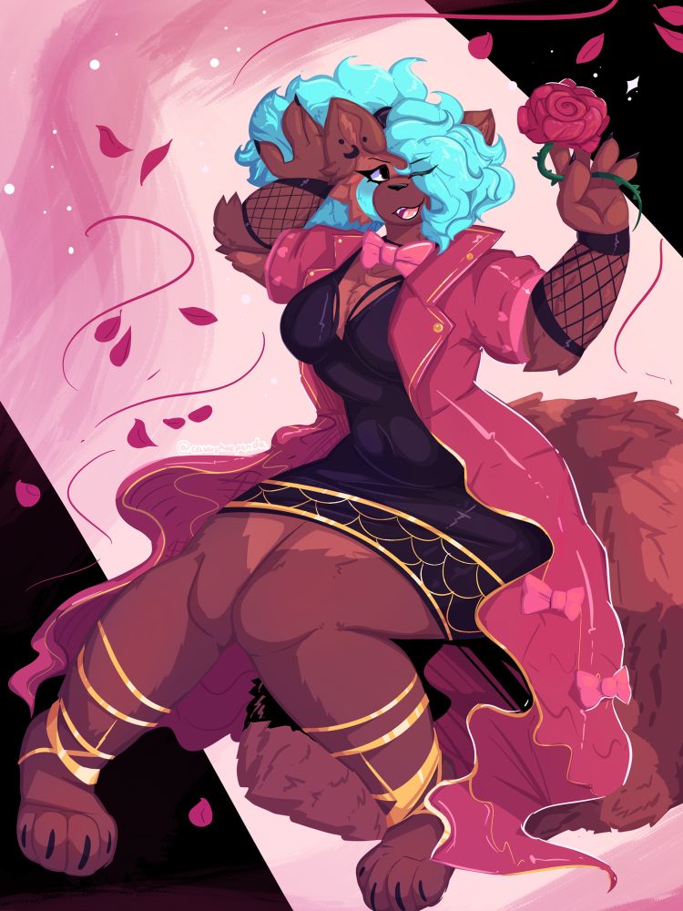 Digital artwork of an anthropomorphic red panda woman wearing a flowing pink coat and a black dress underneath, she has a pink bow and some bows decorating the coat 
