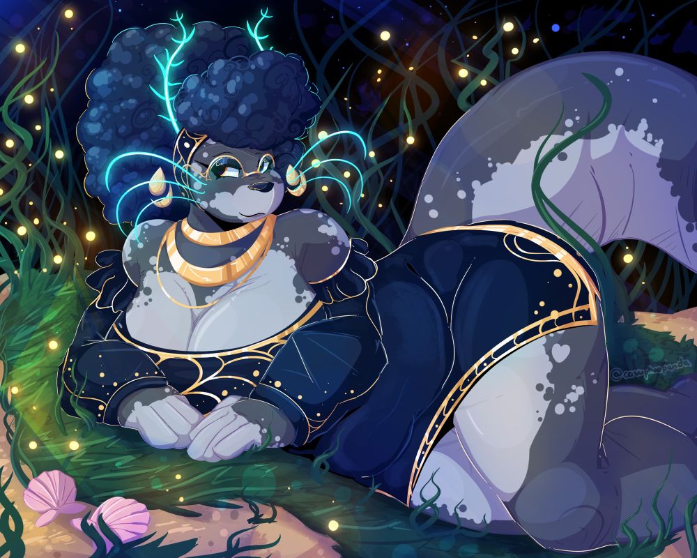 Digital furry artwork of an anthropomorphic seal woman laying down on her side on a grassy seabed during night