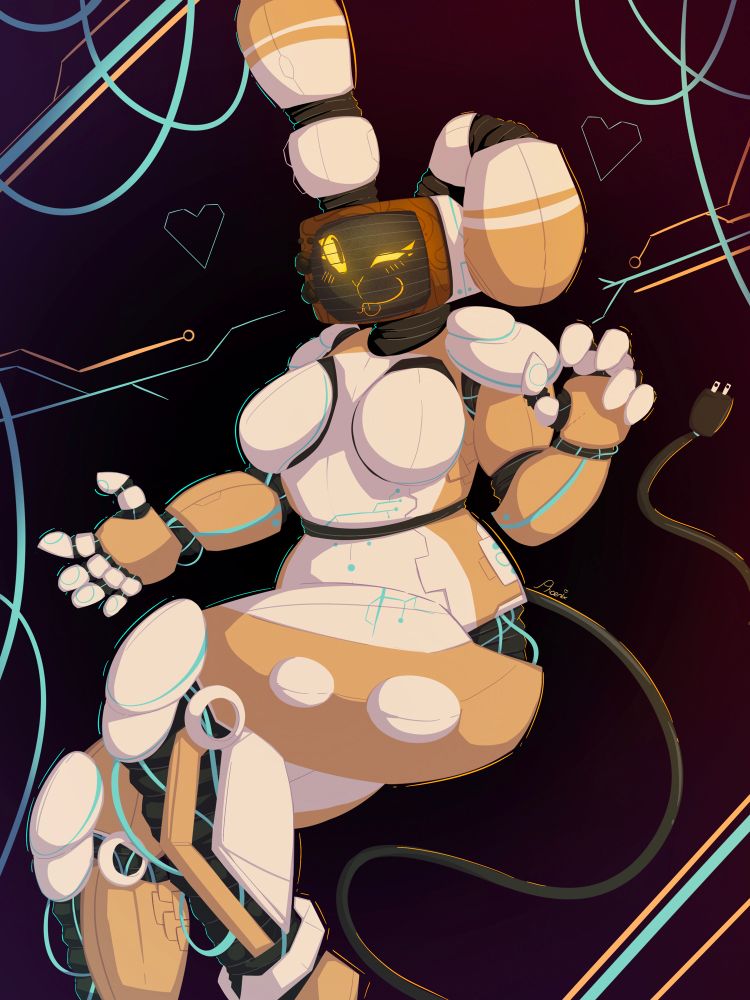 Artwork of an anthropomorphic tv head robot with bunny ears, she is winking and in a fun sitting position 