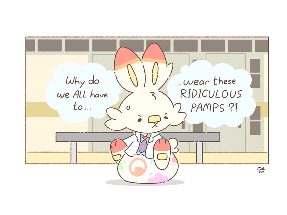 Scorbunny in a Black Mesa science team uniform sits on his poofed up diaper in the changing room, asking himself why he needs to wear these ridiculous pamps