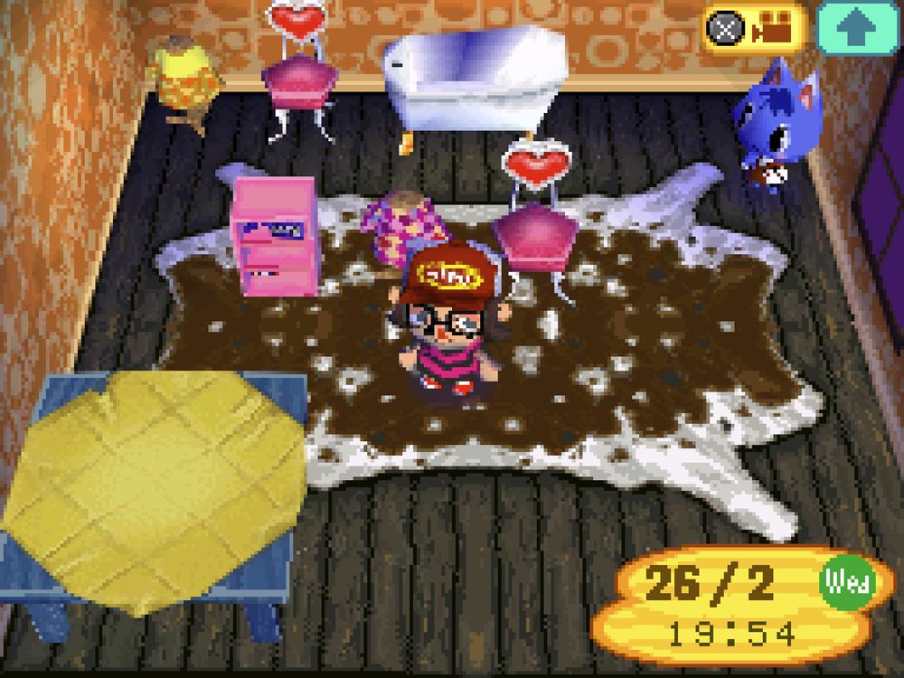 absolutely fucking dogshit house interior design, tacky yellow shirt next to a pink chair and a bathtub. in the middle theres a pink shelf next to another tacky shirt and another pink chair, in the left corner of the house there's a random table