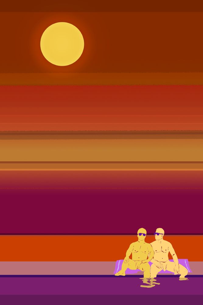 two naked men sit poolside in the hot sun holding each other