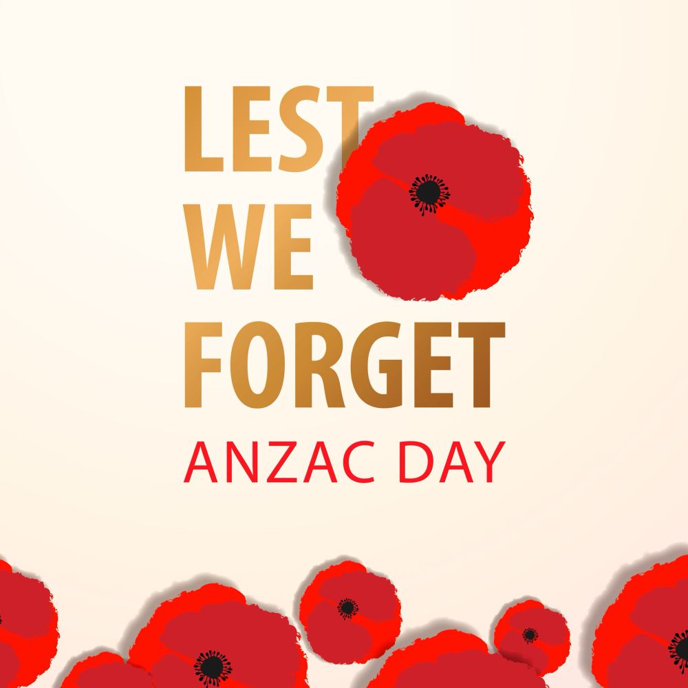 ANZAC Day Graphic with te poppies reads “lest we forget”