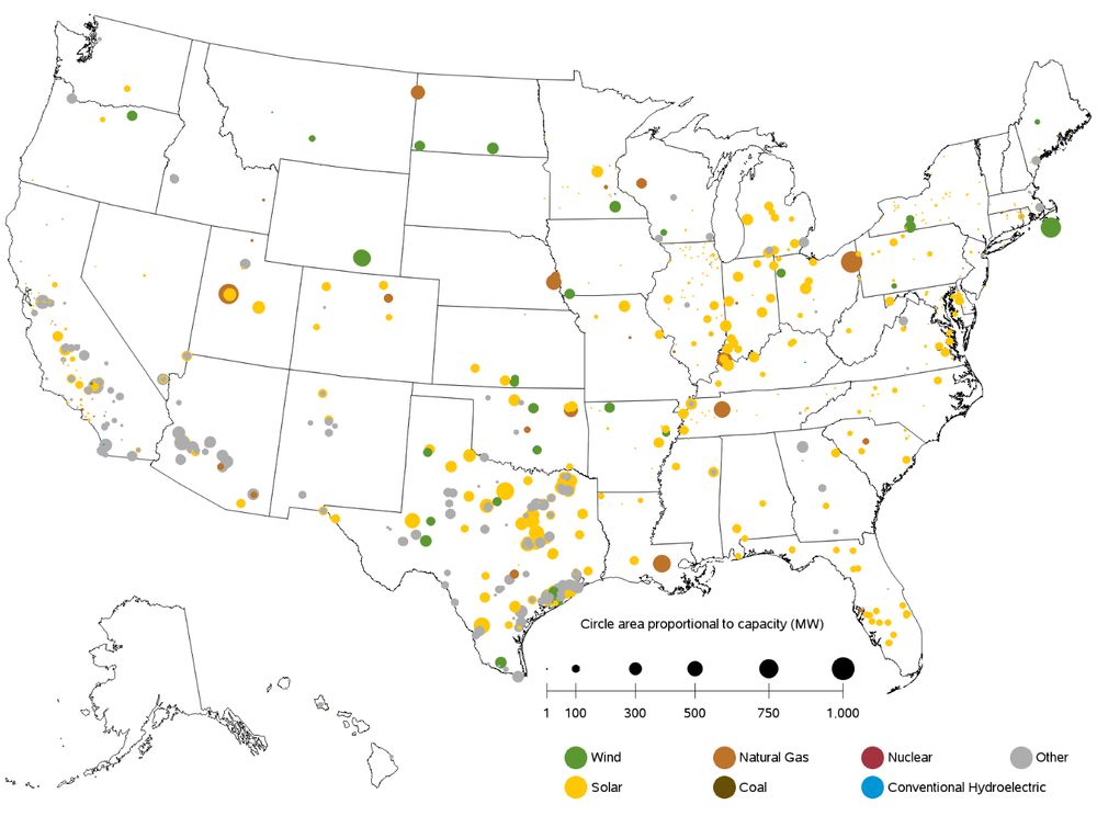 A map of the U.S. showing planned energy projects coming online by April, 2026. Available from the U.S. Energy Information Administration -- https://www.eia.gov/electricity/monthly/