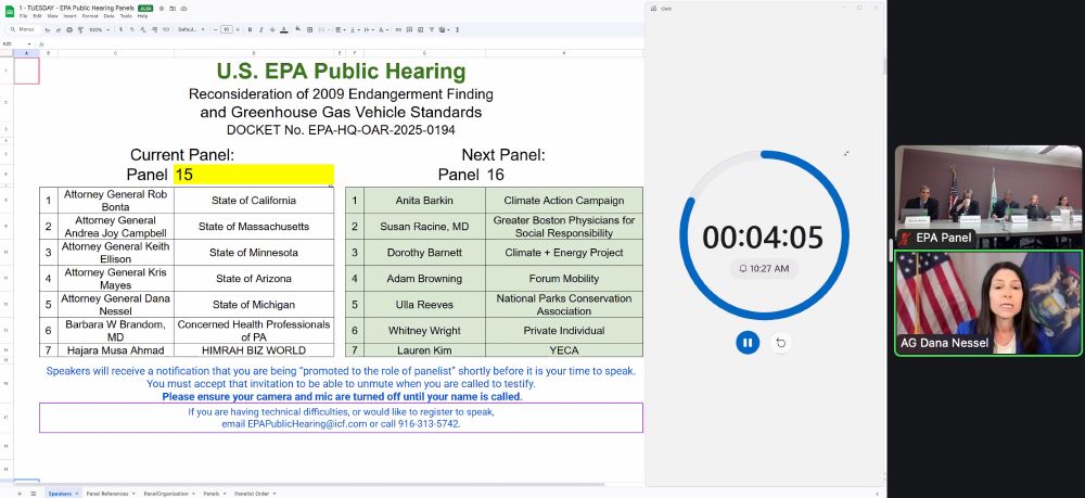 A screenshot from the public hearing from the EPA Zoom meeting underway. The "Current Panel" shows the speakers starting right after the lunch break includes the Attorneys General mentioned in the post. 