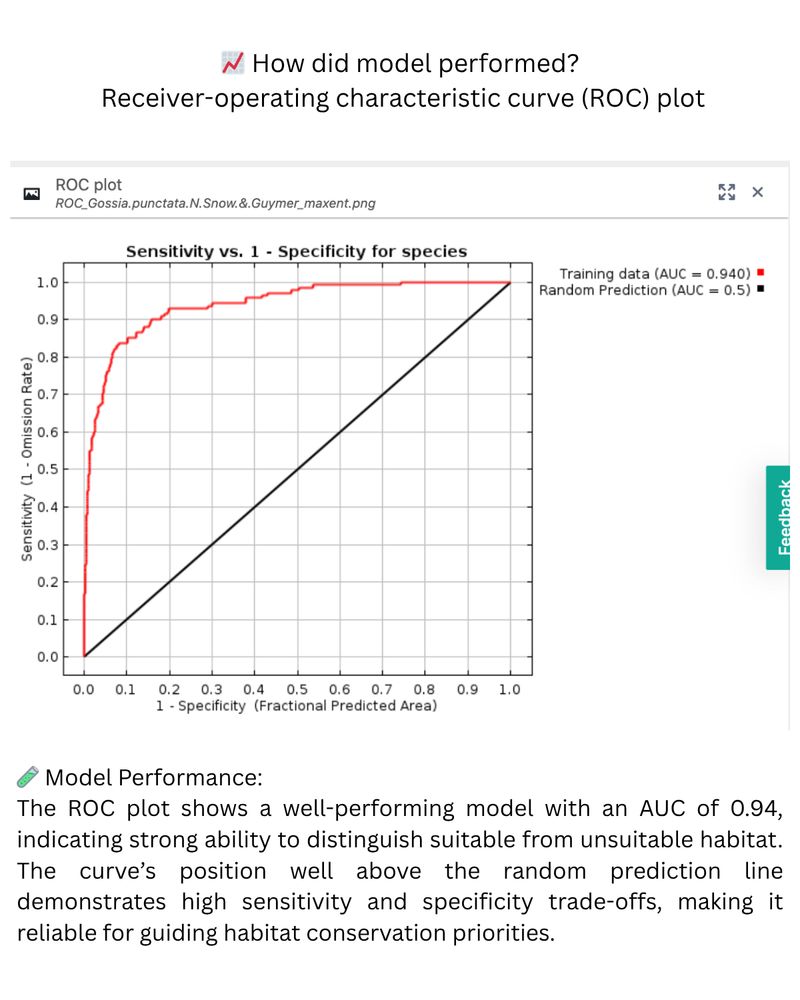 ROC Curve: Model performance evaluation with AUC = 0.94, showing high predictive strength of the model.