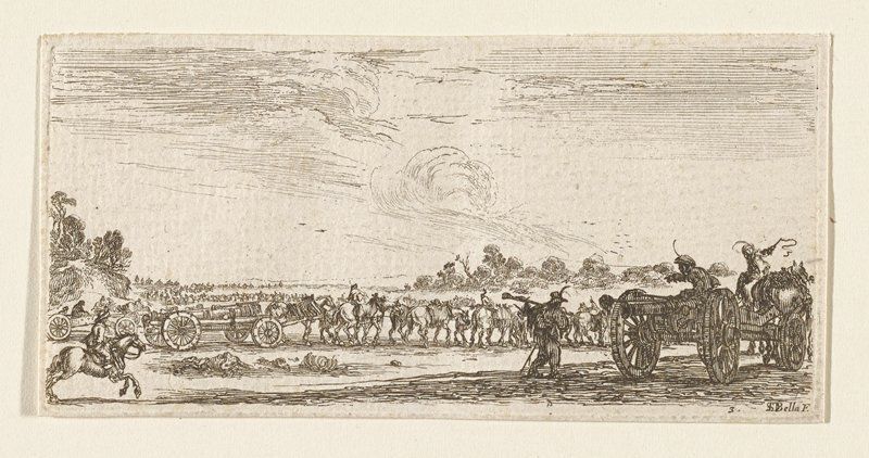 This etching, titled 'Plate 3,' portrays a dynamic battlefield scene with soldiers, horse-drawn wagons, and riders set against a expansive rural landscape. Created by Stefano della Bella, a celebrated 17th-century Italian artist known for his detailed etchings, the composition captures the movement and intensity typical of his work from the Baroque period.