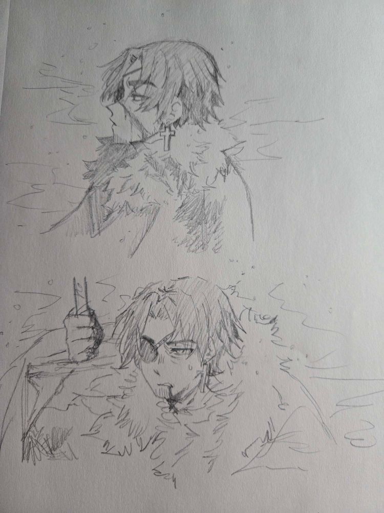 Two images of Burn. The top image shows him standing in snow while a splatter of blood goes across his face and cloak. The bottom image shows him gritting his teeth while blood trickles from his mouth and he grips his sword hilt tightly.