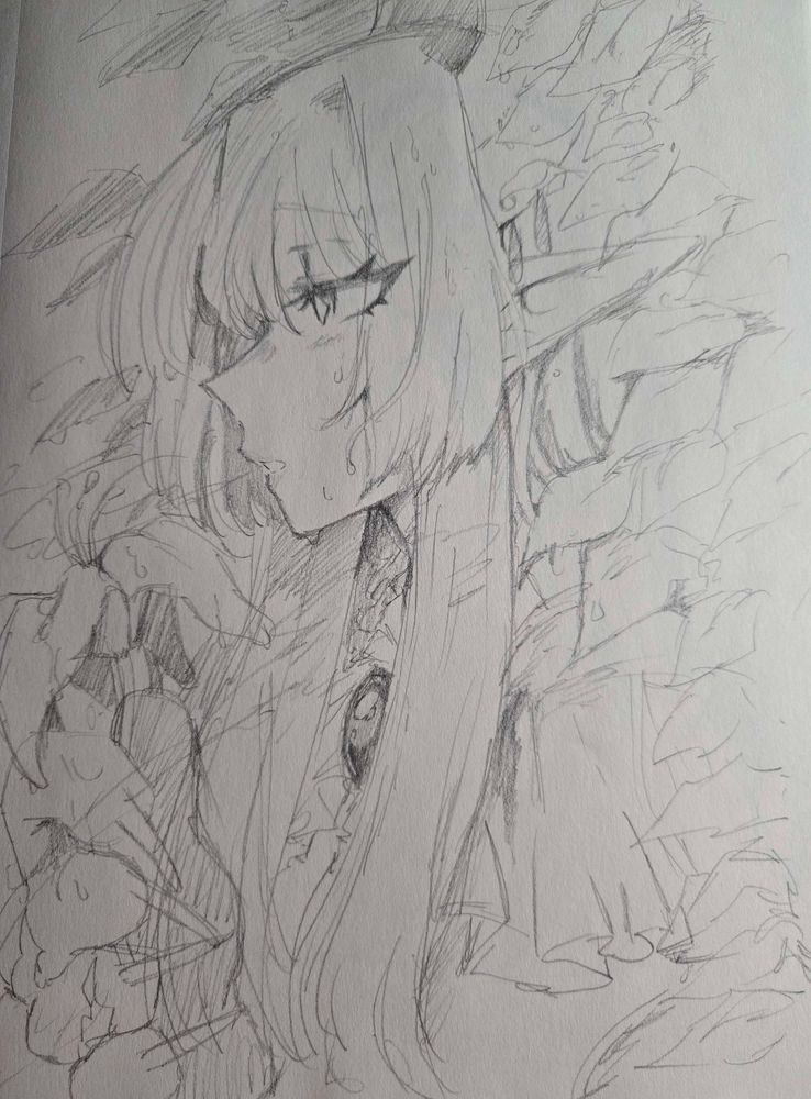 Astra holding a flower while she's against a bunch of leaves. She's covered in droplets of water while they drip from the plants around her.