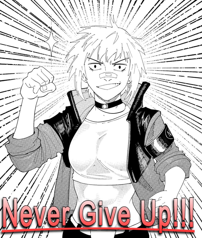 Illustration of Nat Olesky triumphantly encouraging you to Never Give Up. 